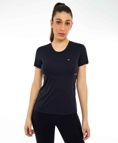 Model Front: Alto Giro Fitness Haut T-Shirt Skin Fit Recortes Com Refletivos Preto