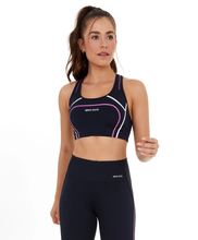 Załaduj obraz do przeglądarki galerii, Model Front: Alto Giro Fitness Haut Top Hyper Costas Nadador Preto
